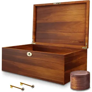 LUSH & STYLE Large Memory Box For Keepsakes Acacia Wood, Decorative Boxes With Hinged lid and locking key, Memory treasure Wood Trunk, Wooden Storage Box, Wooden Gift Chest. Size: 11x9x5 Inch