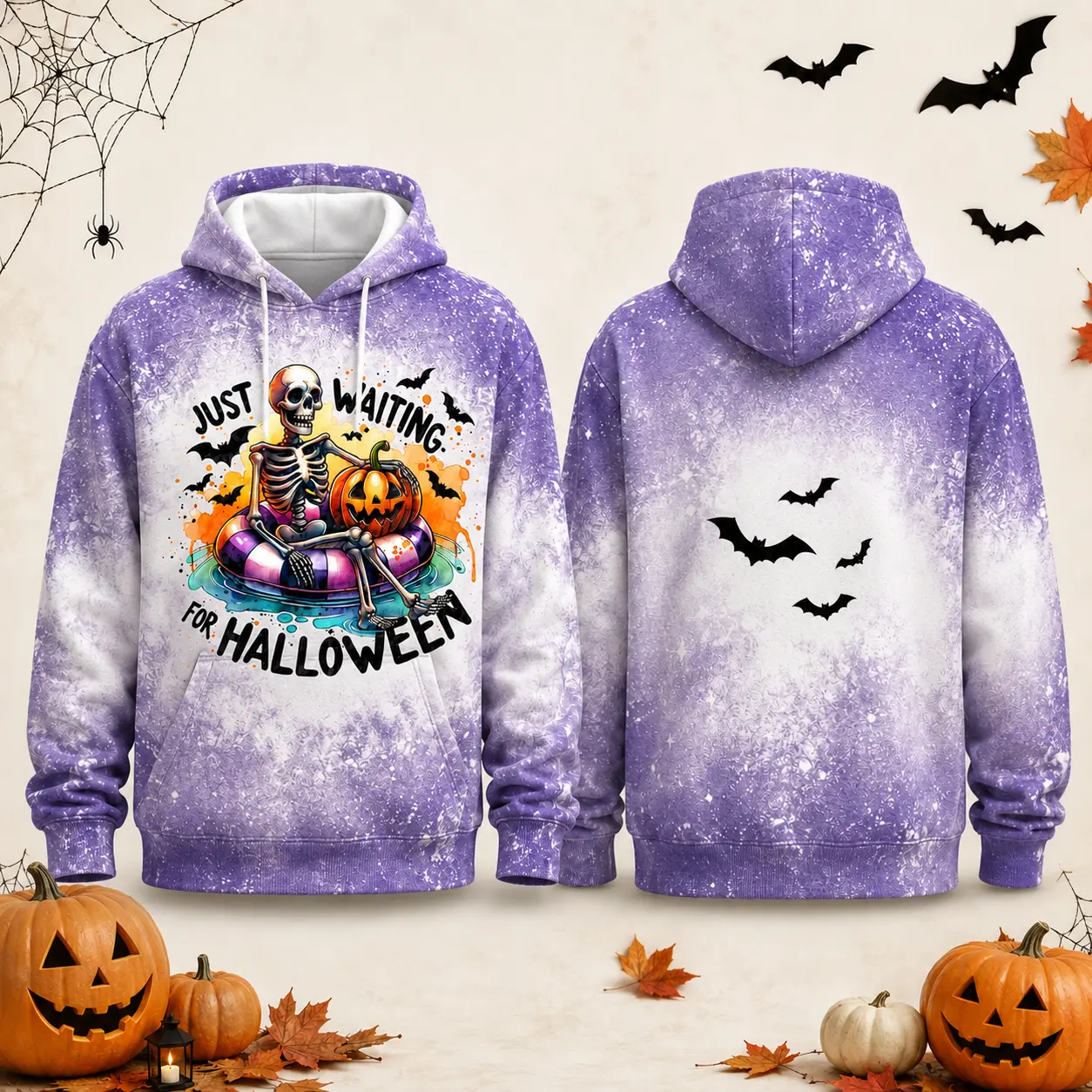 Unisex Funny Skeleton 'Just Waiting For Halloween' Bleach Dye Hoodie, Summer‑Fall Skeleton Pool Float Graphic Sweatshirt, Pumpkin Bat Dual‑Print Halloween Gift