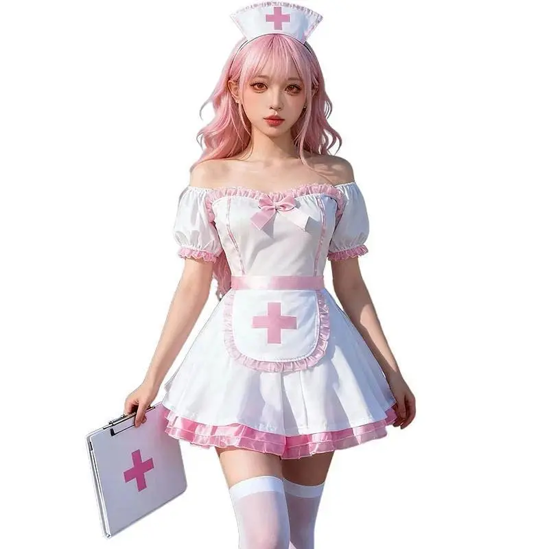 Women's Cartoon Fantasy Nurse Cosplay Costume Set - Pink-White Lolita Maid Dress with Accessories for Themed Role-Playing Parties