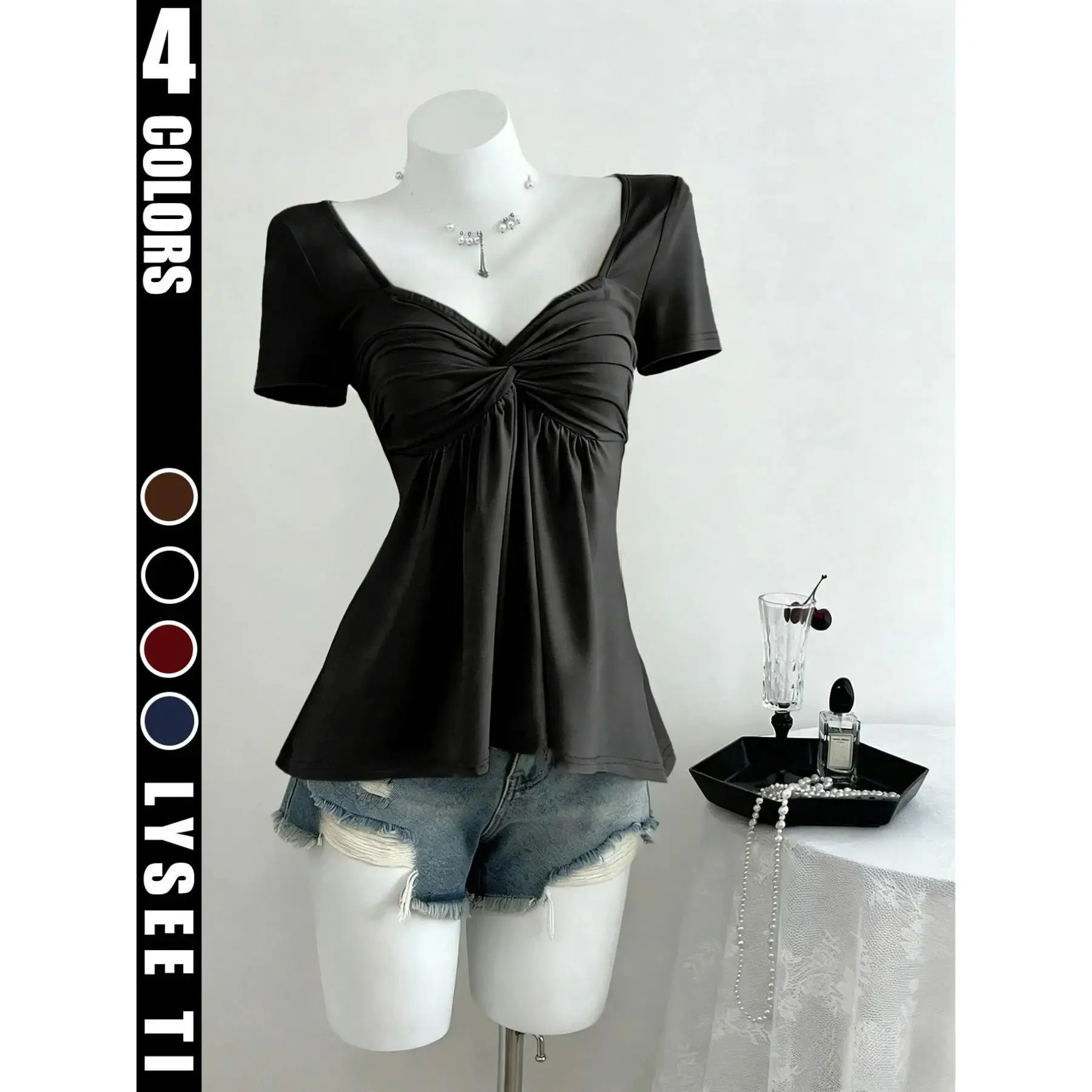 Women's solid color twisted waist short sleeved top, fashionable casual womenswear top
