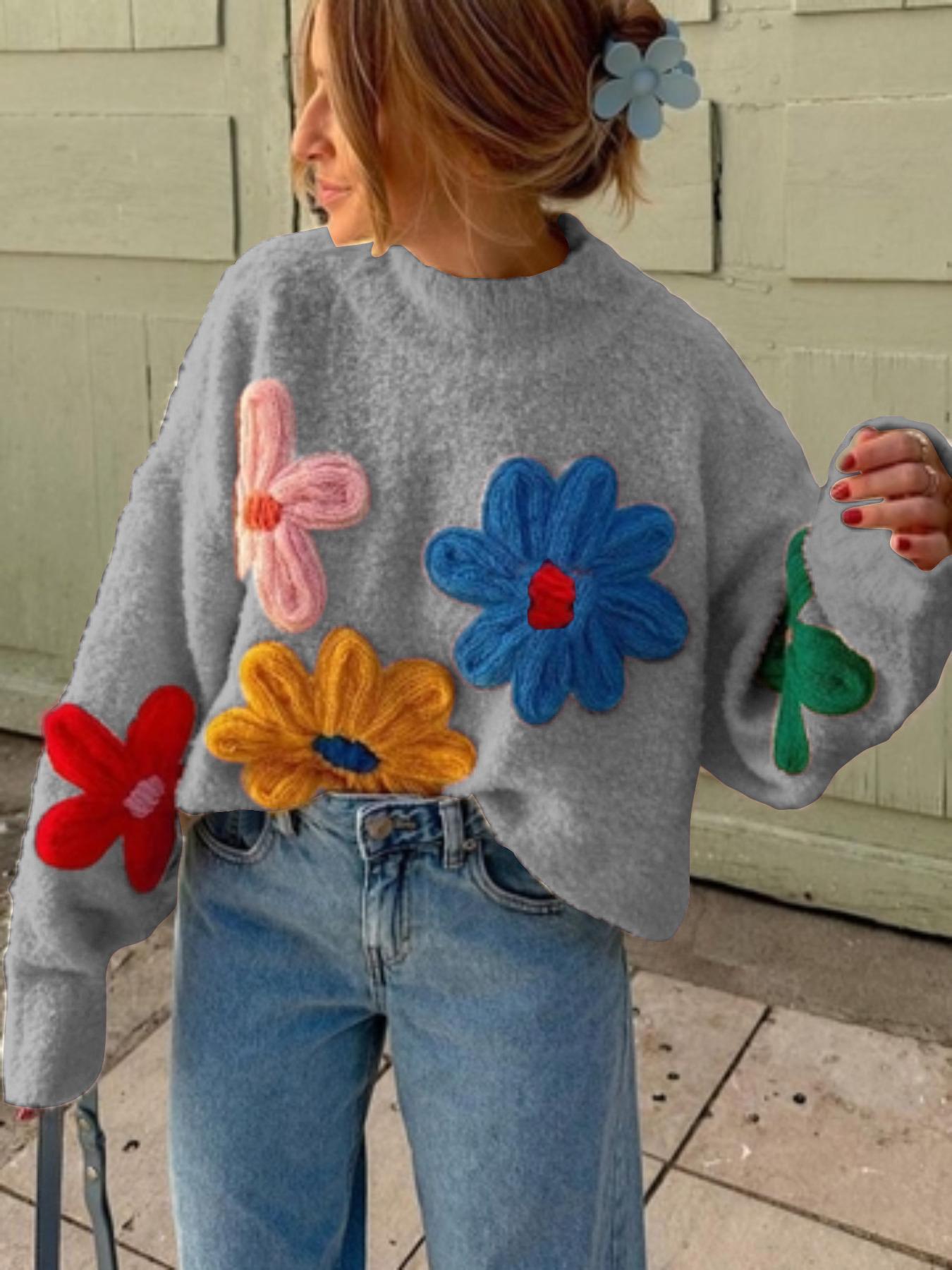 Plus Size Colorblock Floral Embroidered Drop Shoulder Sweater Pullover Knitwear, Casual Long Sleeve Mock Neck Jumper for Fall & Winter, Women's Plus Clothing for Daily Wear