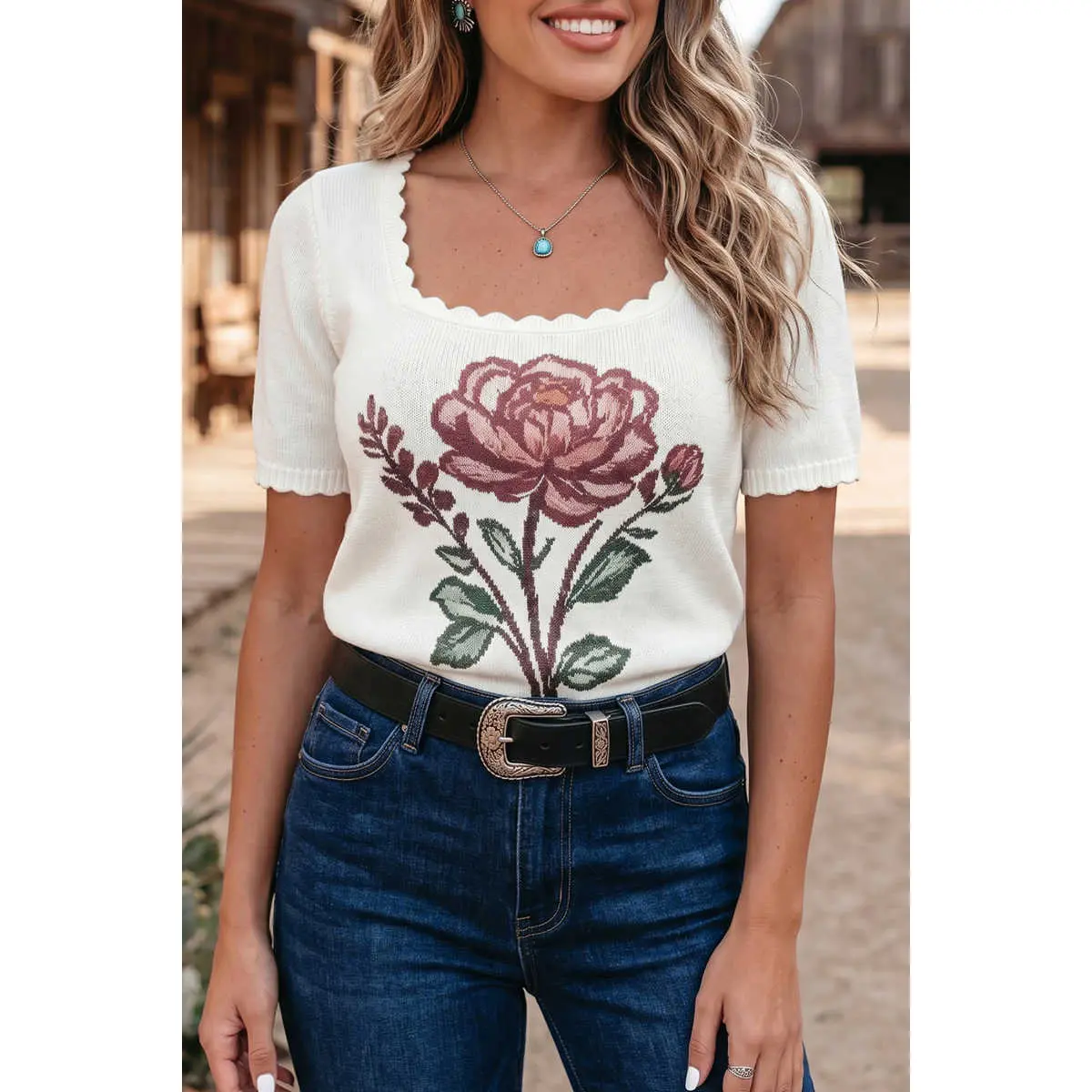 White Western Floral Print Short Sleeve Square Collar Knit Sweater