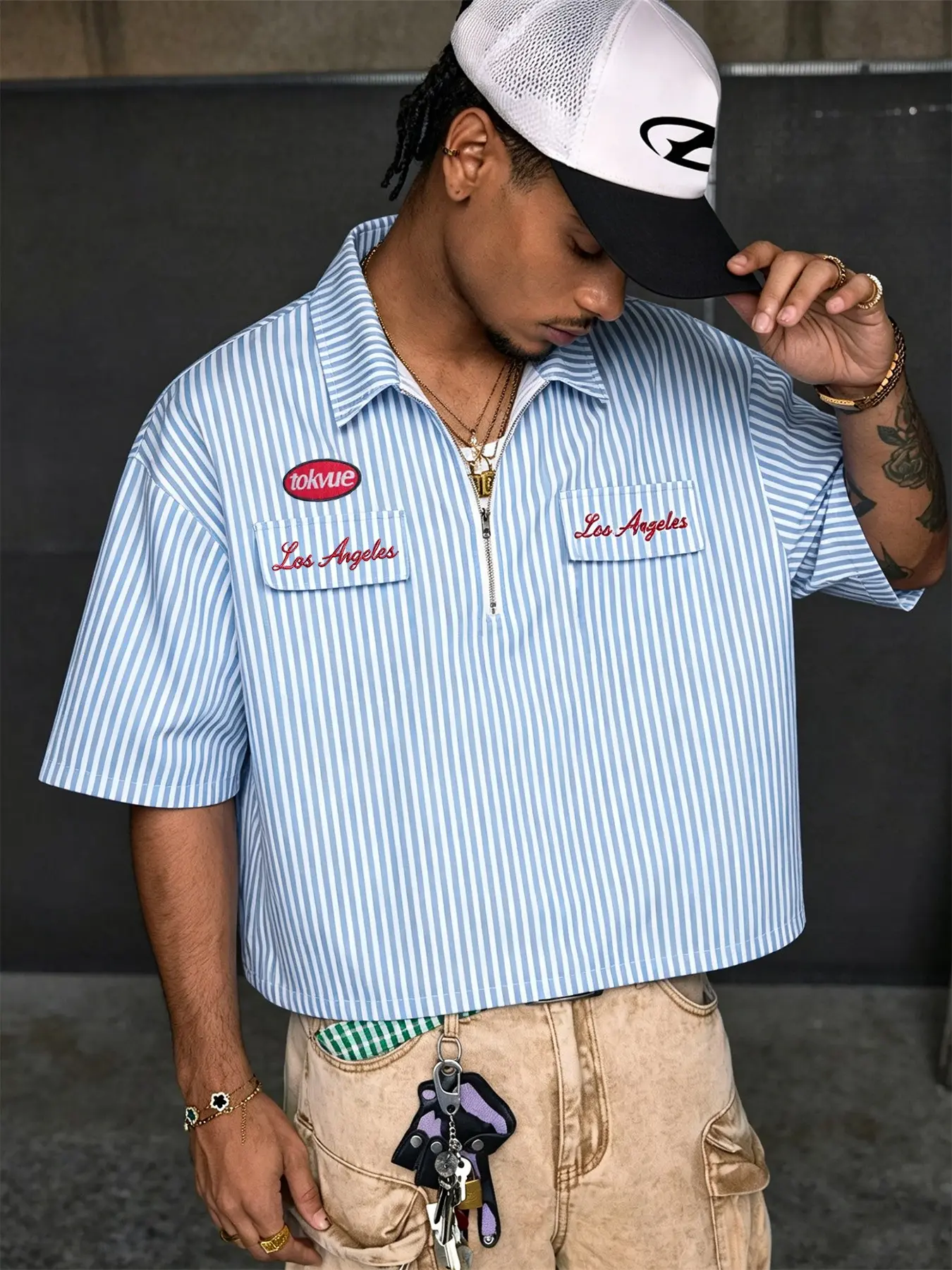 Men's and women's styles: urban streetwear blue striped half-zip oversize, Oversized short polo shirt, Los Angeles letter embroidery pocket, Summer polo shirts, suitable for casual outings, travel