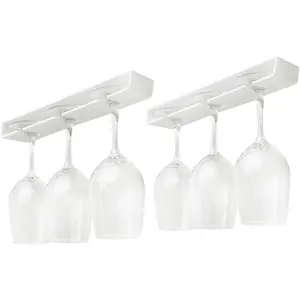 2 Pack No Drilling Under Cabinet Wine Glass Holder, Hanging Stemware Rack Organizer for Bar & Kitchen Cabinet, Classic White