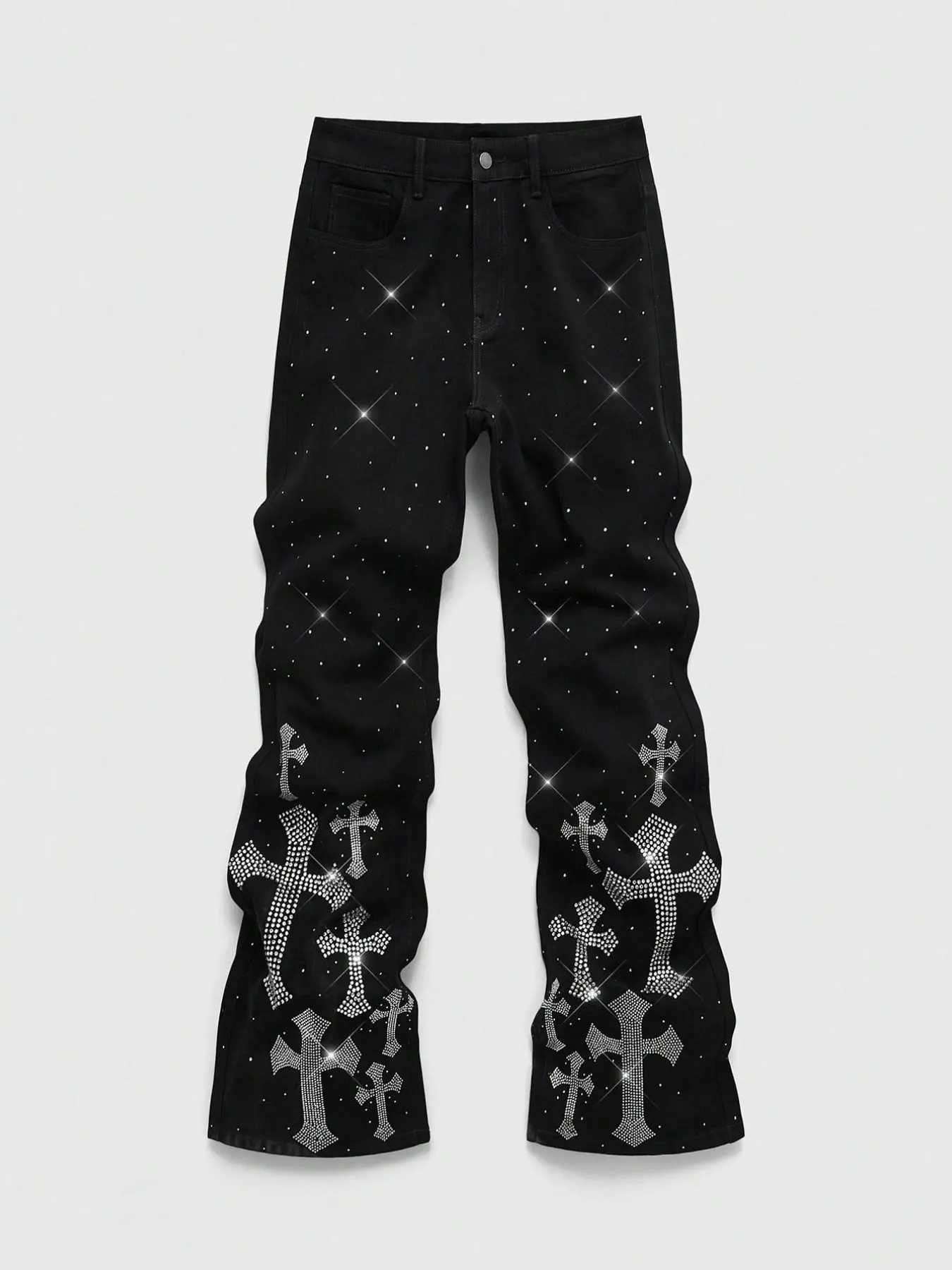 American Vintage Cross Rhinestone Micro Flare Jeans, Trendy Washed Casual Denim Jeans, Fashion Loose-Fit All over Print