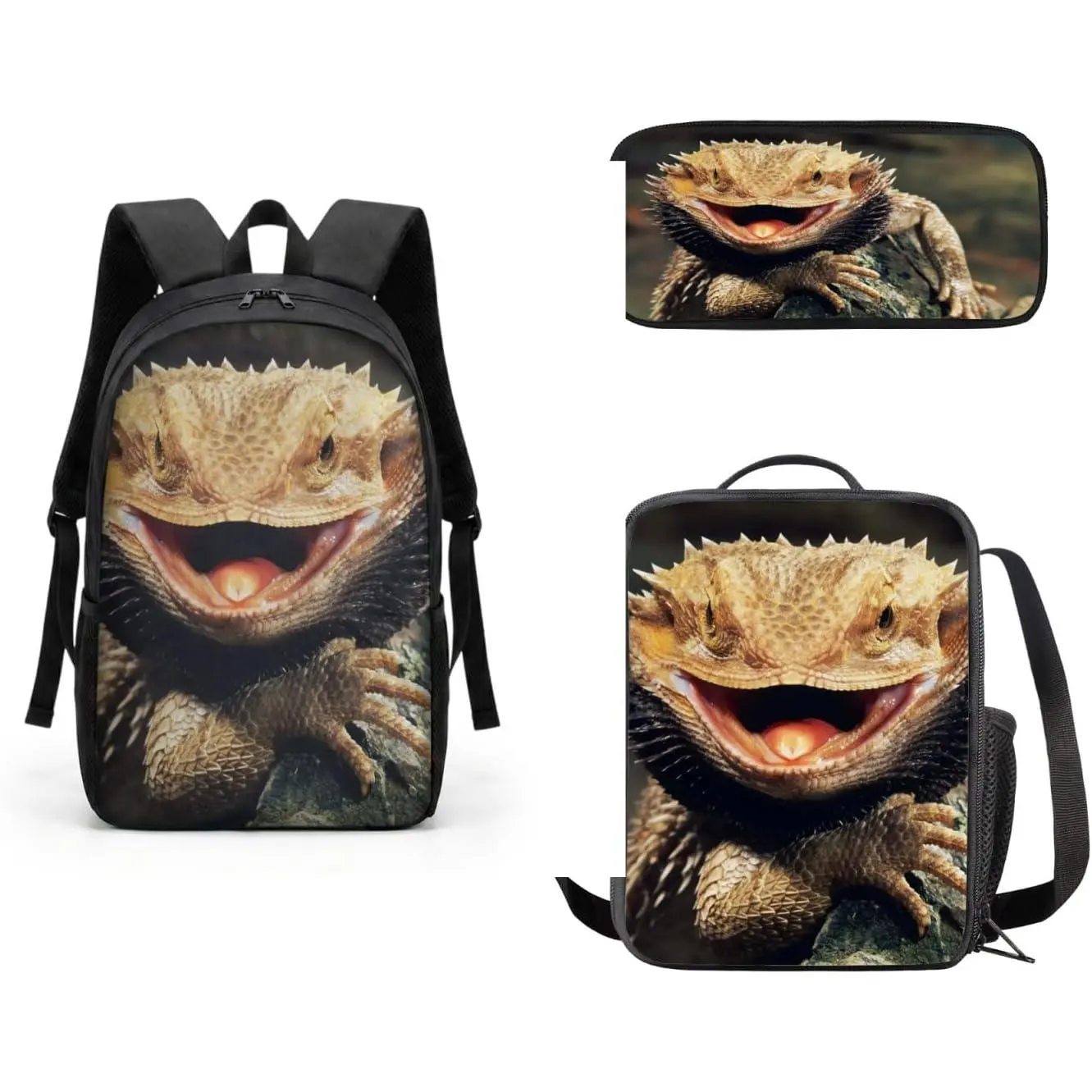Bearded Dragon Lizards Backpack Student Bookbag for Girls Boys 3 count  Casual Travel Backpack with Lunchbox Pencil Case