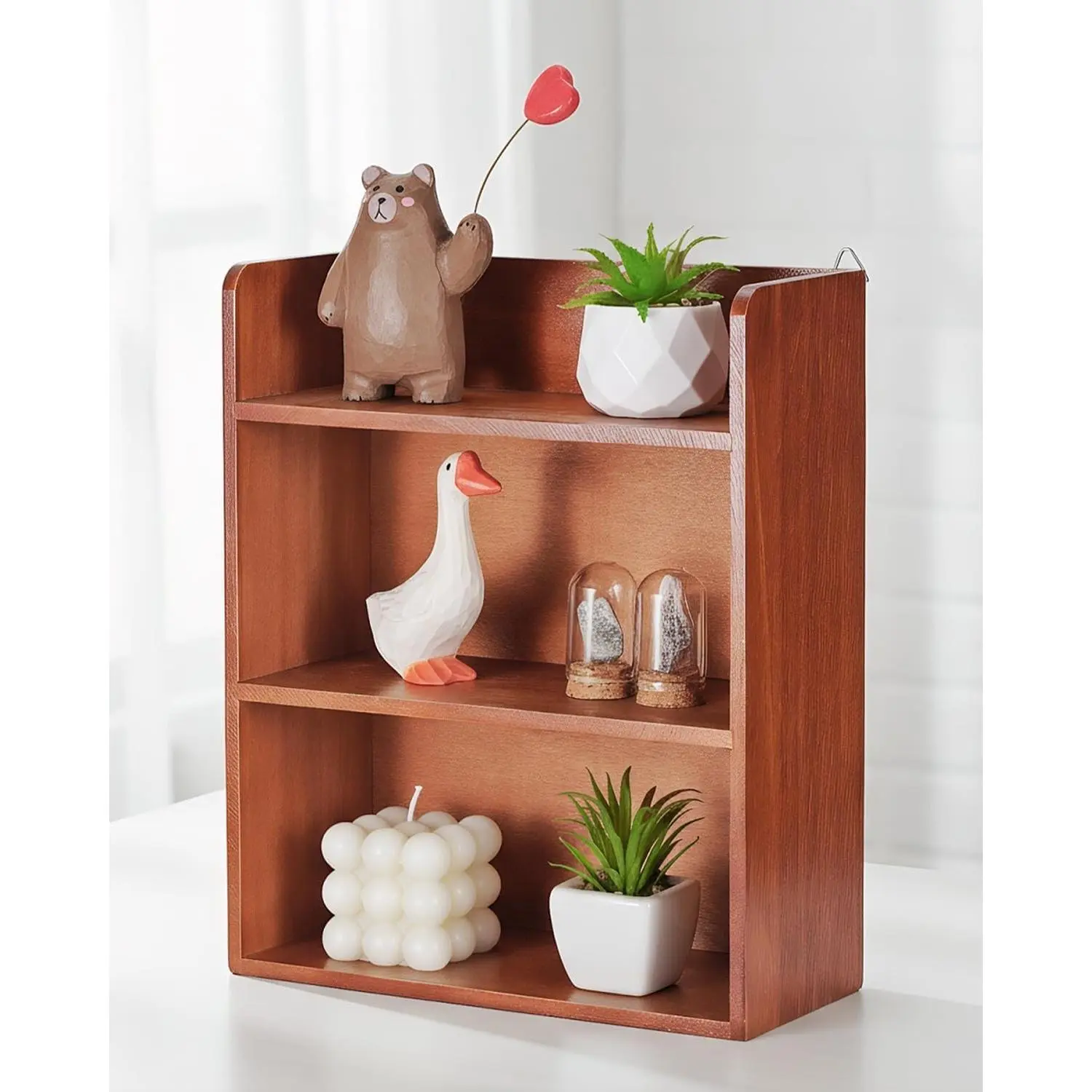 3-Tier Trinket Shelf, 10" x 12"  Display Shelf for Wall or Desk, Small Wooden Shadow Box with Shelves for Collectibles, Mini Figures, Perfumes & Essential Oils, Brown