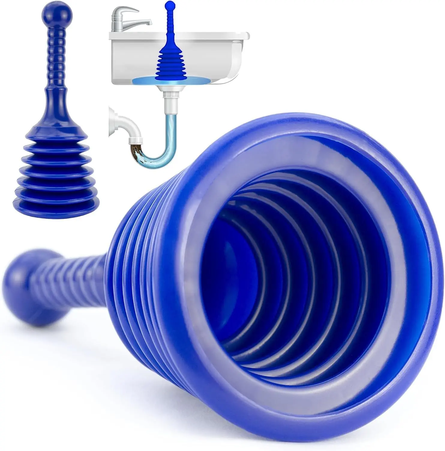 Sink Plunger Kitchen - Sink Plunger Bathroom - Drain Bathtub or Shower - Small and Powerful Clog Remover - Commercial Style "Plumbers Plungers" with Large Bellows - Blue - Small