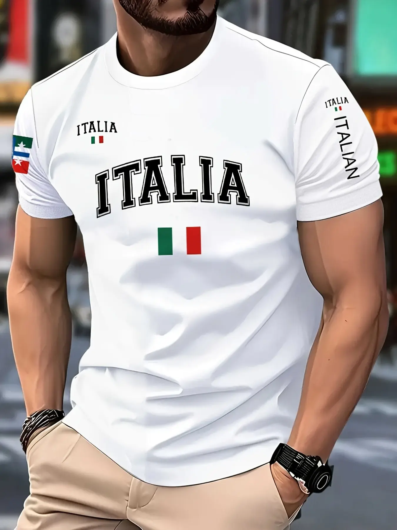 Men's Italian Flag Badge Print T-Shirt, Casual Long Sleeve Slim Fit Top, Patriotic Theme Clothing, Italy National Team Style, Menswear