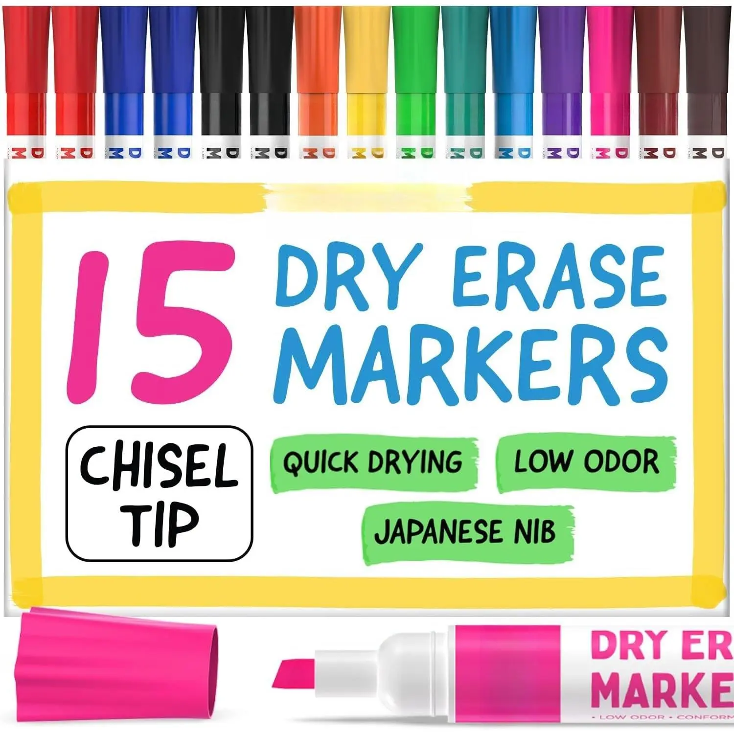 15 Dry Erase Markers Chisel Tip - Whiteboard Markers, 12 Colors