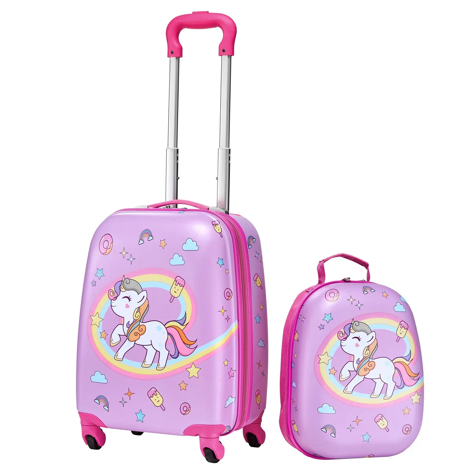 VEVOR Kids 2-Piece Carry-On Rolling Bag Set - 18in Hardside Spinner Suitcase, Hard-Shell Rolling Backpack, Unicorn Print Travel Gear, Airline Approved Gift for Girls (Holiday/Birthday)