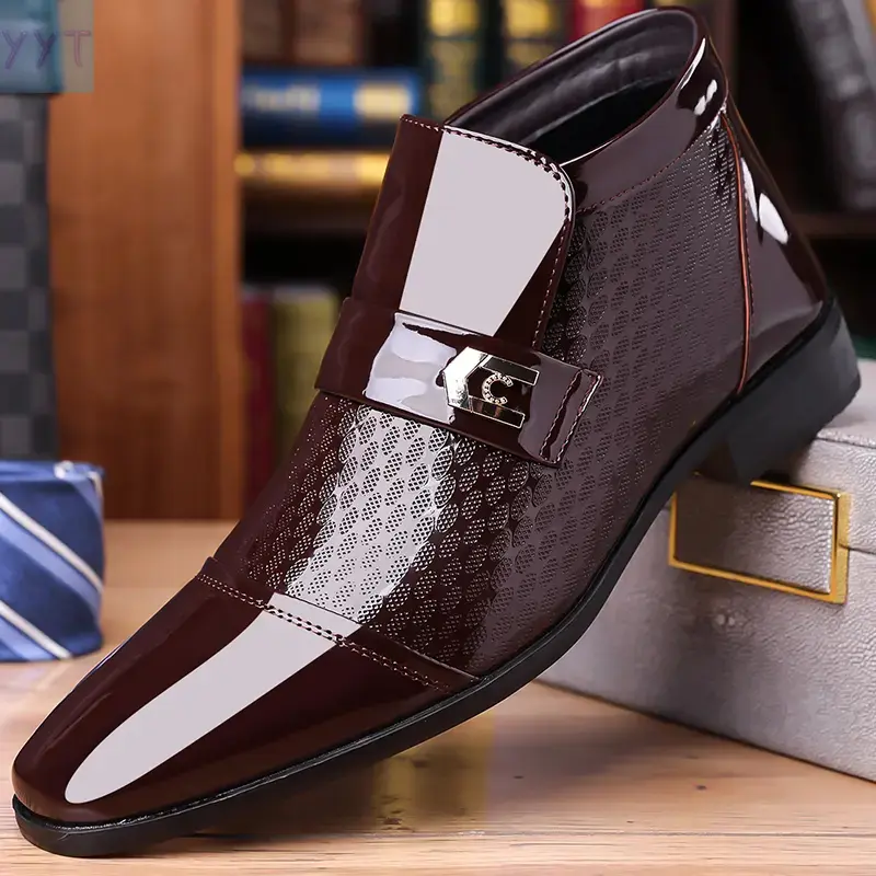 YYT1 Men's Modern Cuban Heel Ankle Boots with a Polished Plain Toe Finish Business Casual Formal Wear, Business Casual Formal Shoes, Glossy Exterior Formal Shoes