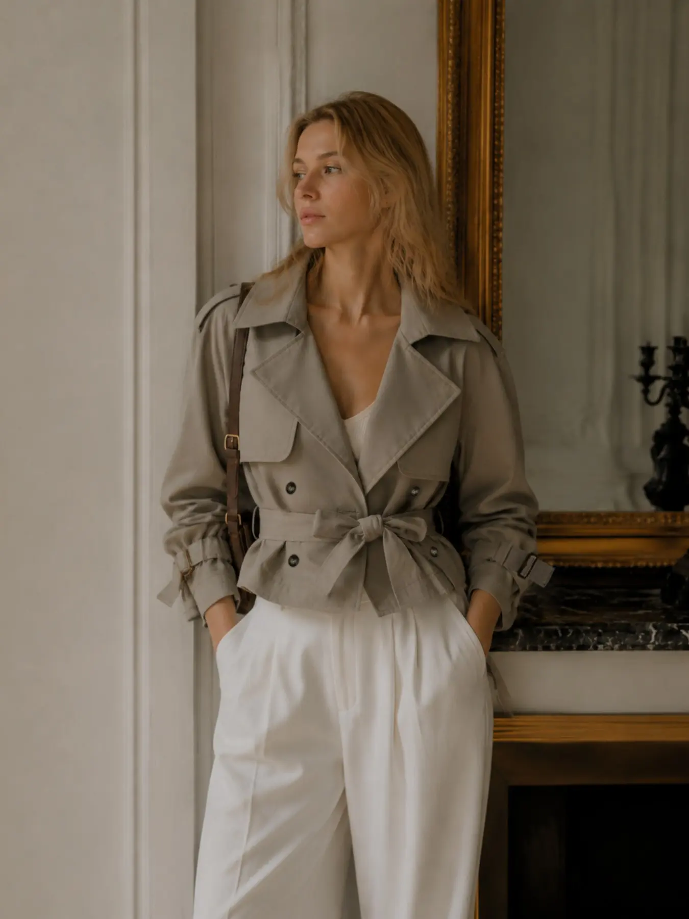 Women's Short Trench Coat with Belt, Casual Solid Color Loose Fit, Fall Winter Fashion, Comfortable Lapel Design, Slimming Waist Tie