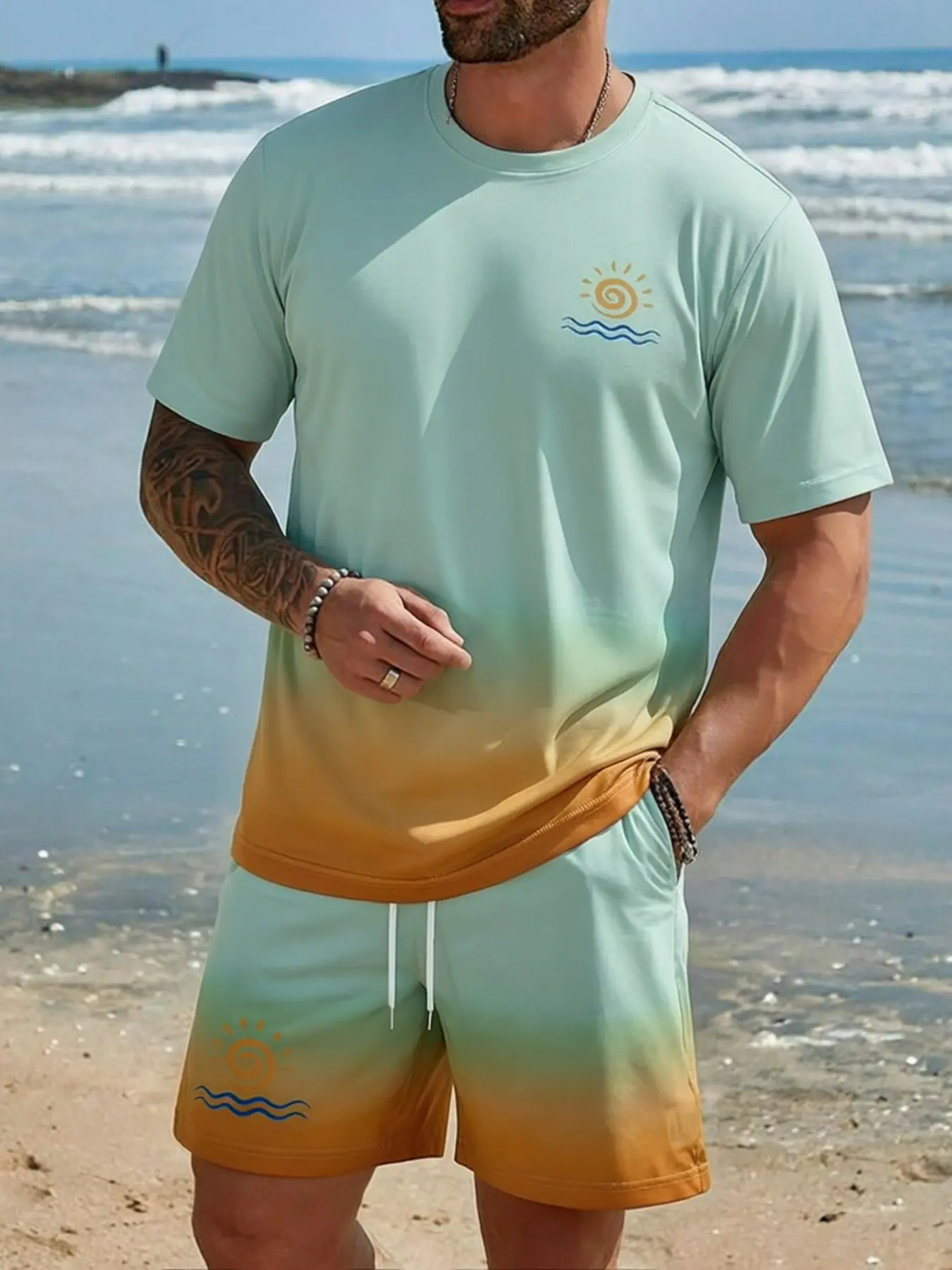 Men's Coconut Tree Tropical Sunset Gradient Print Short Sleeve Set, Beachwear, Mid-Waist Design, Hawaiian Beach Vacation Style, Designer Clothing