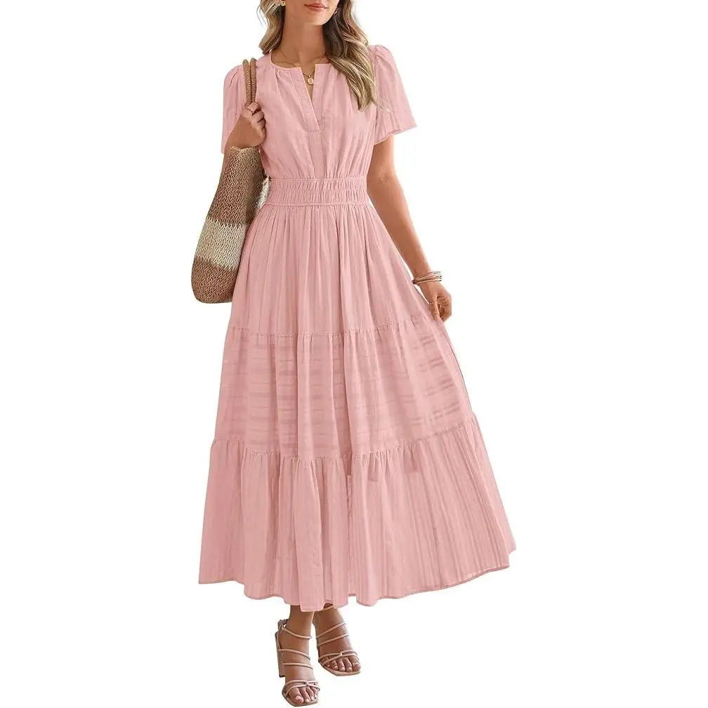 Womens Summer 2026 Casual Midi Maxi Dresses Lightweight Short Sleeve V Neck Elastic Waist Boho Beach Dress Pockets