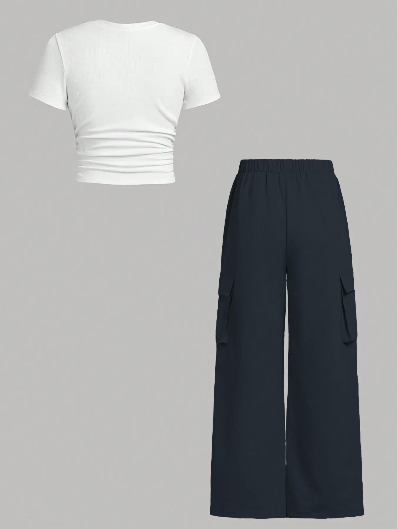 Women's Solid Ruched Ribbed Tee Top & Pocket Cargo Pants Two-piece Set, Street Fashion Casual Short Sleeve T-shirt & Elastic Waist Trousers for Daily Wear, Ladies Two-piece Outfits for All Seasons Womenswear