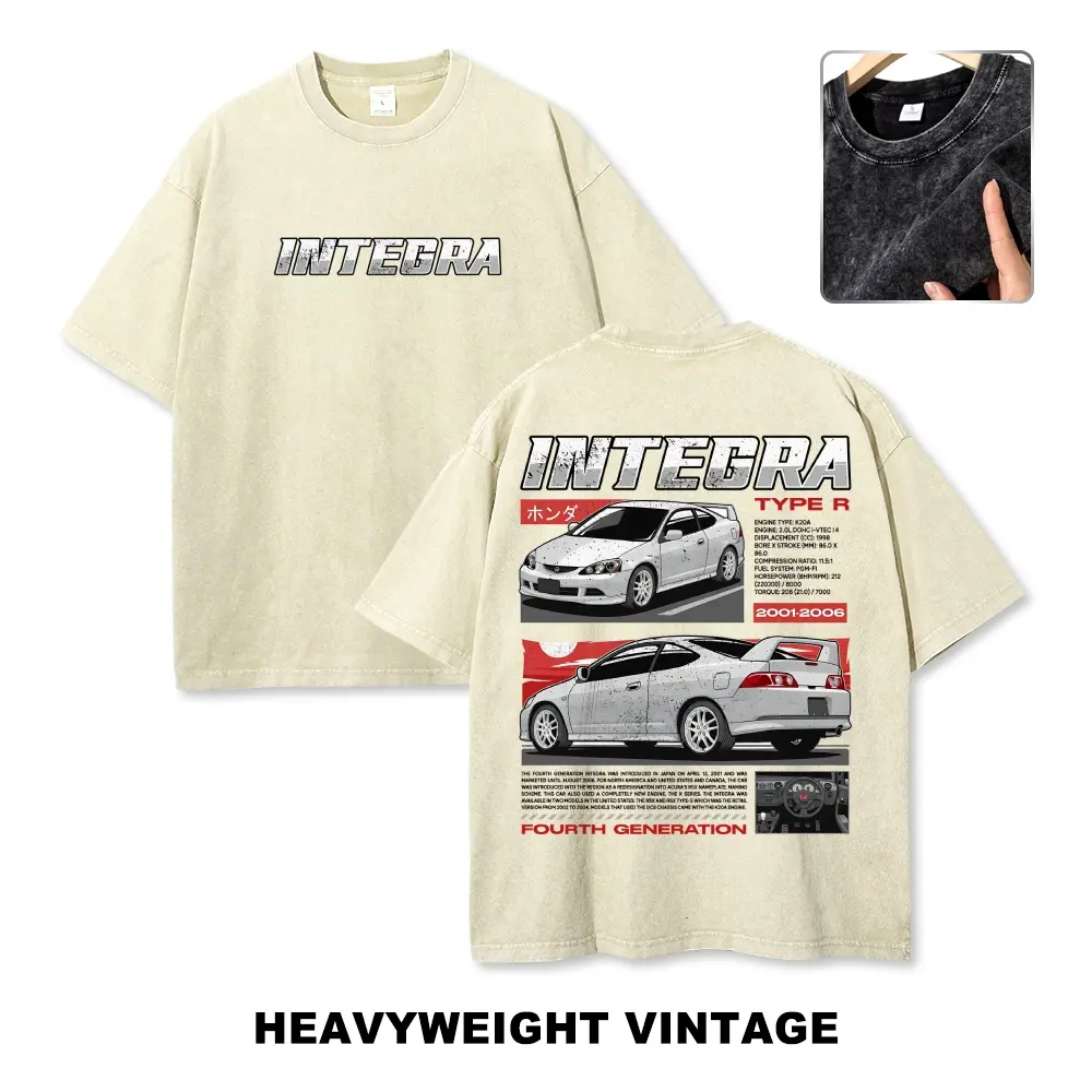 Unisex Retro DC5 Integra JDM Cotton Short-Sleeve Oversized Heavyweight Graphic T-Shirt - Mineral Wash, Casual Car Culture Streetwear Tops with Durable Fabric, Shortsleeve, Menswear, Multi-Size, Pre-Shrunken