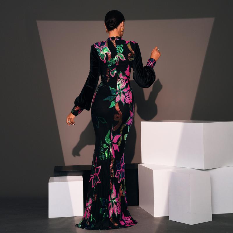 Long Sleeve Elegant Round Neck Sexy Hollow Out Long Sequin Evening Dress Bridesmaid Dress for Women Womenswear Black Floral Crewneck