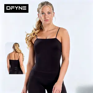 DFYNE Women Spaghetti Strap Sports Tank Open Back Built-in Bra Seamless High Stretch Yoga Gym Workout Activewear