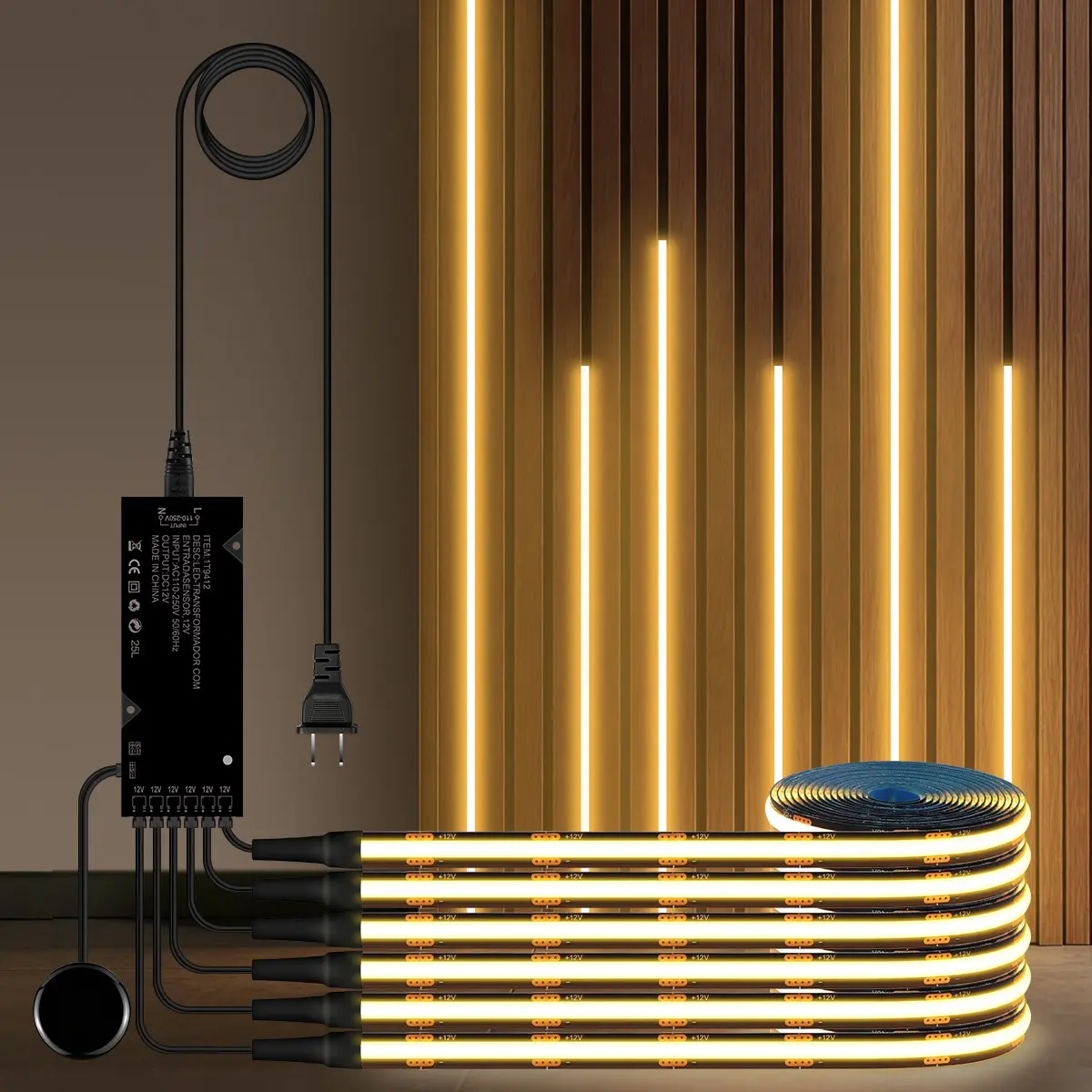 Indoor Decor COB LED Light Strip DC12V Warm White Hand Sweep Touch Dimmable For Cabinet & Acoustic Wall Panels US Plug