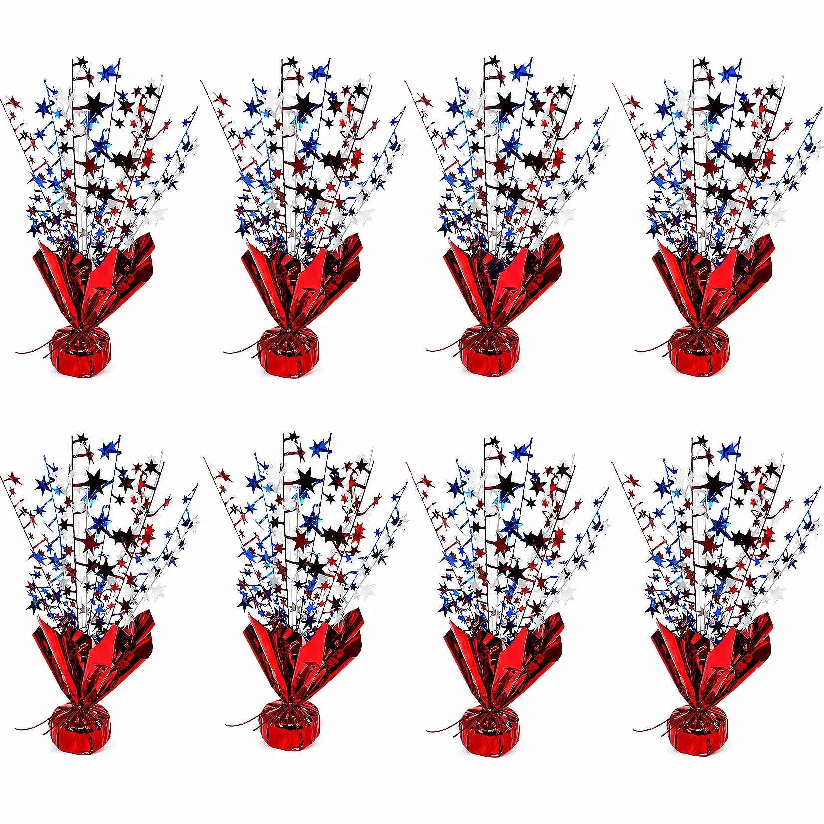 8-Pack Patriotic Starburst Table Centerpieces, Red White & Blue Foil Sprays with Weighted Bases for 4th of July & Memorial Day Decor