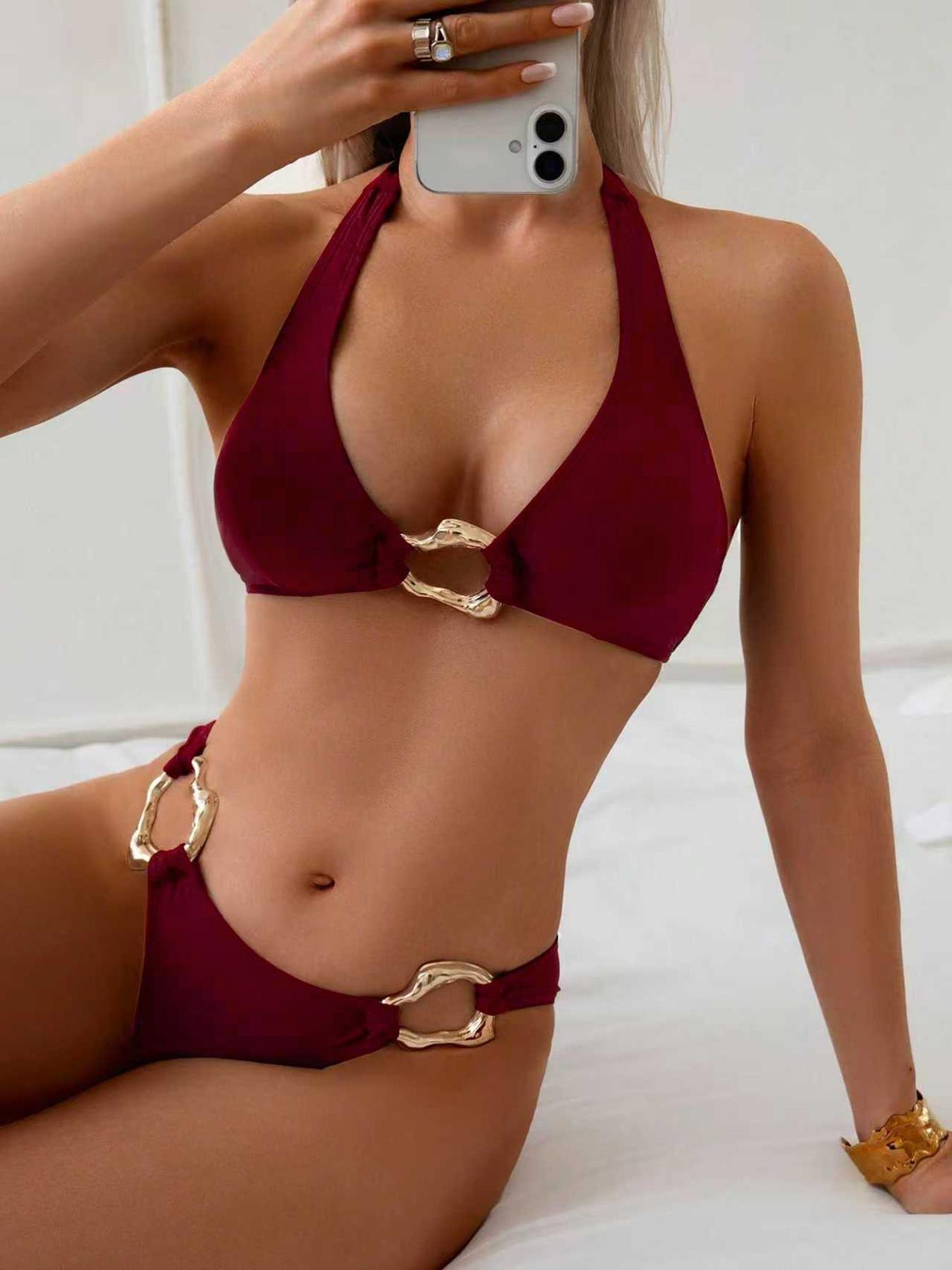 Brown Bikini with Gold Ring Detail and Matching Skirt - Elegant Swimwear Set"