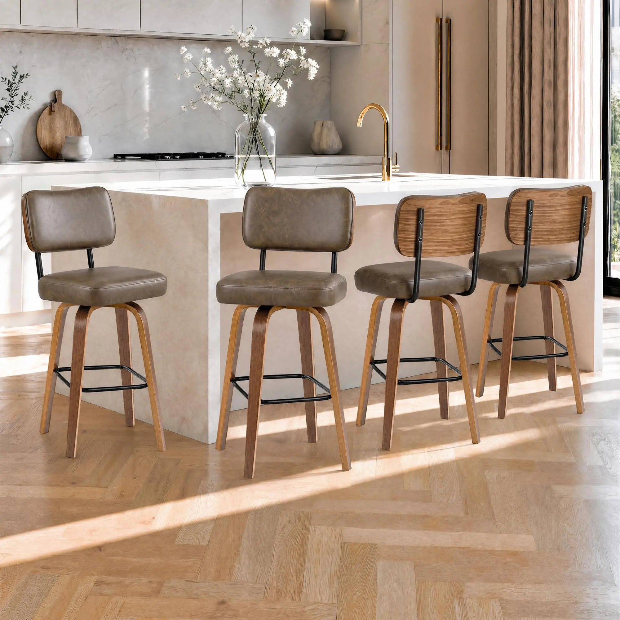 Set of 4 Swivel Bar Stools with Backrest – 26" Faux Leather Upholstered Seat – Bentwood Legs – Modern Counter Height Chairs for Kitchen Island or Bar – Black