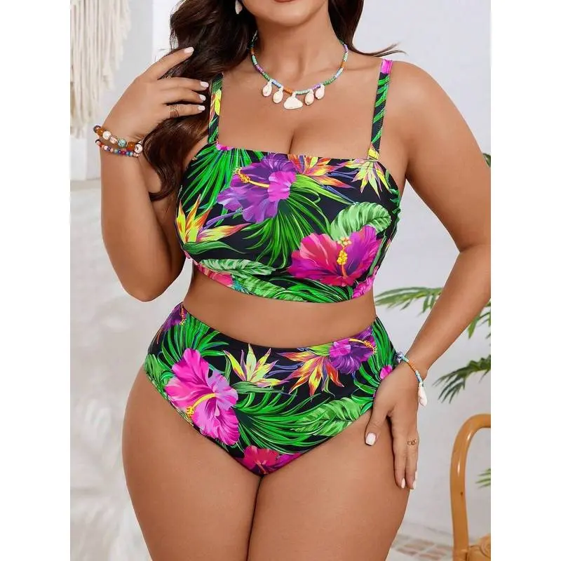 Plus Size Boho Tropical Knit Bikini Set, V-Wired Convertible Bandeau Top with High Waist Swimming Bottoms, Knit Fabric, Convertible Top, Machine Wash