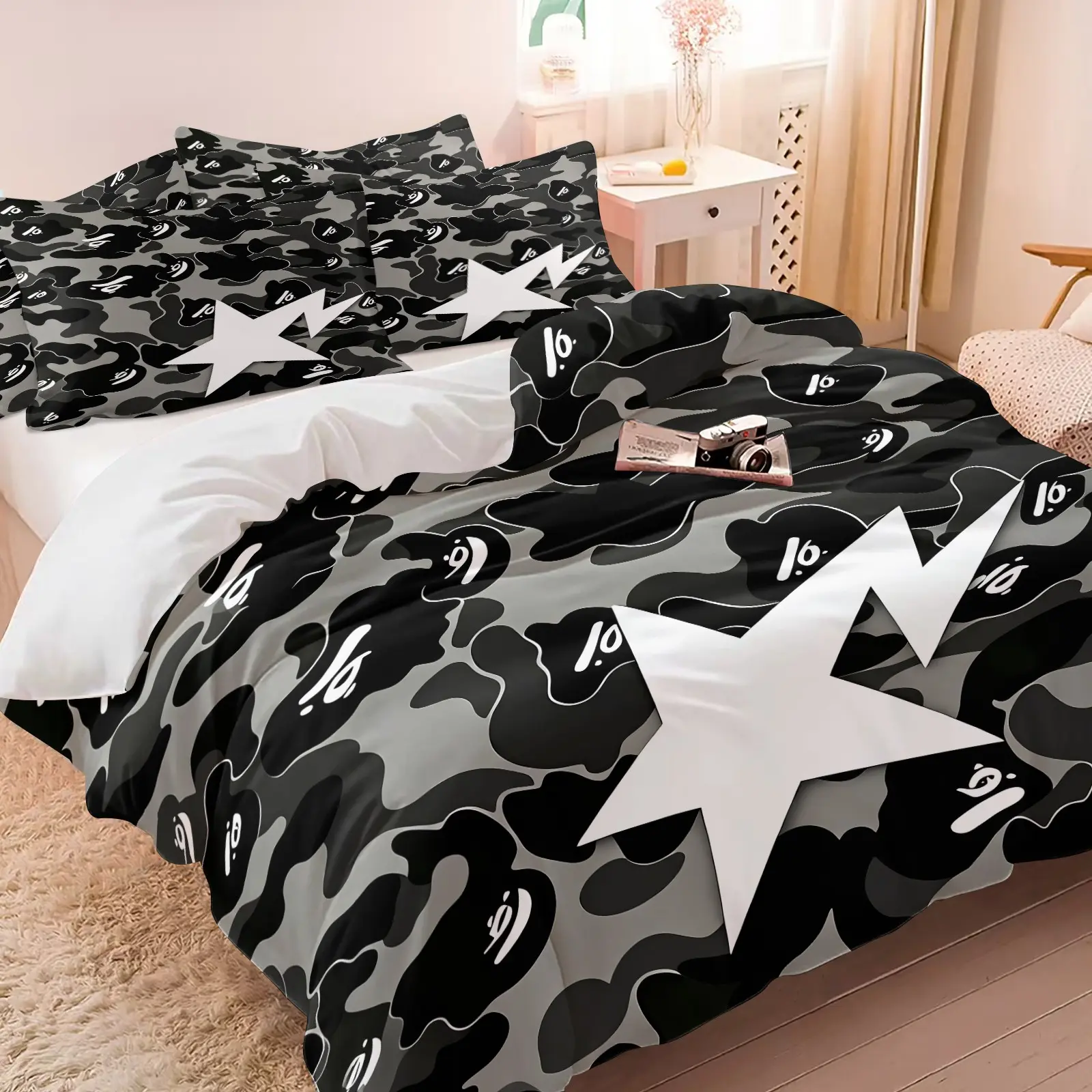 Grey Camo Star Streetwear Decorative Duvet Cover Set (1 Duvet Cover + 1-2 Pillowcases), Soft Skin Friendly Breathable All Season Bed Linen, Hip Hop Camouflage Printed Bedding Set, Cool Boys Bedroom & Dorm Decor