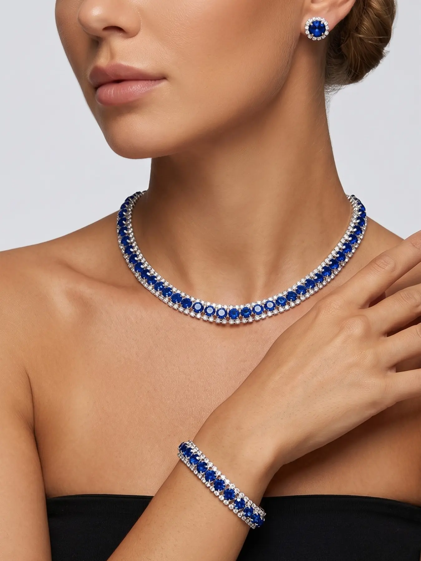 3Pcs Silver Royal Blue Sapphire Crystal Jewelry Set for Women, Double-Border Pave Tennis Necklace Matching Stretch Bracelet Round Halo Stud Earrings Pack, Prom Wedding Gala Evening Accessories