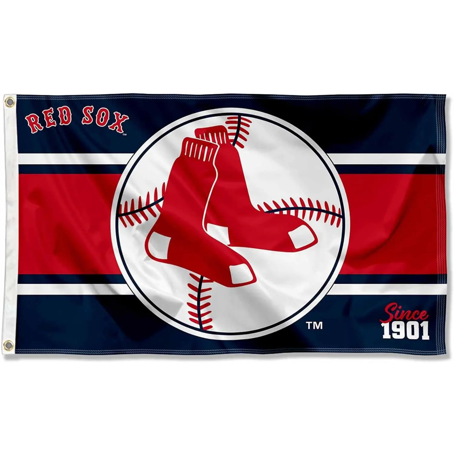 Boston Red Sox Team Flag with a Circular Baseball Logo Containing the Red Sox Socks and Since 1901 Text