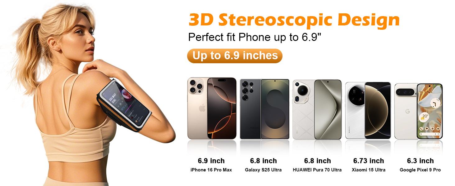 AGS Phone Armband for Running 3D Design Cell Phone Armband with Zipper Pocket for Earbuds Car Keys, Water Resistant Sport Arm Band for iPhone 14 13 12 11 Pro Galaxy S20 S30 Fit Up to 6.9'' with Phone Case