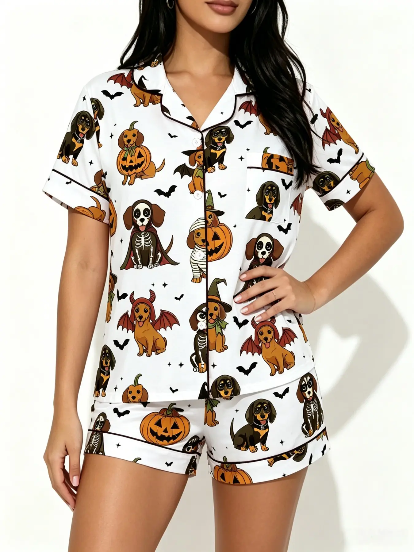 Teen Halloween Retro Dog Print Pajama Set, Soft Breathable Fabric, Short Sleeve, Loose Fit, Perfect for Girls, Ideal Gift