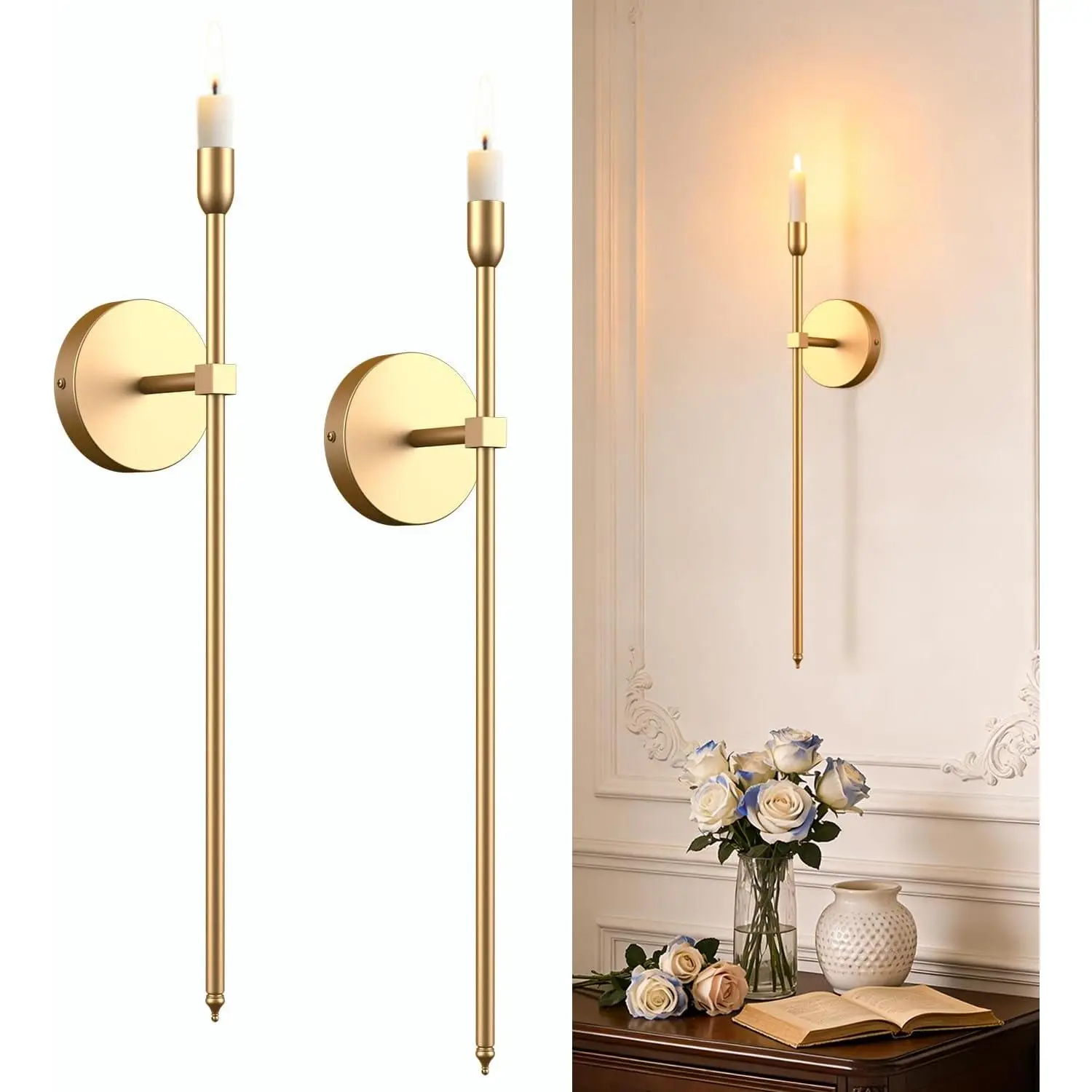 Wall Candle Sconces Set of 2, Large Gold Scepter Gothic Design Metal Wall Candle Holder, Home Wall Decoration for Living Room, Bathroom, Dining Room