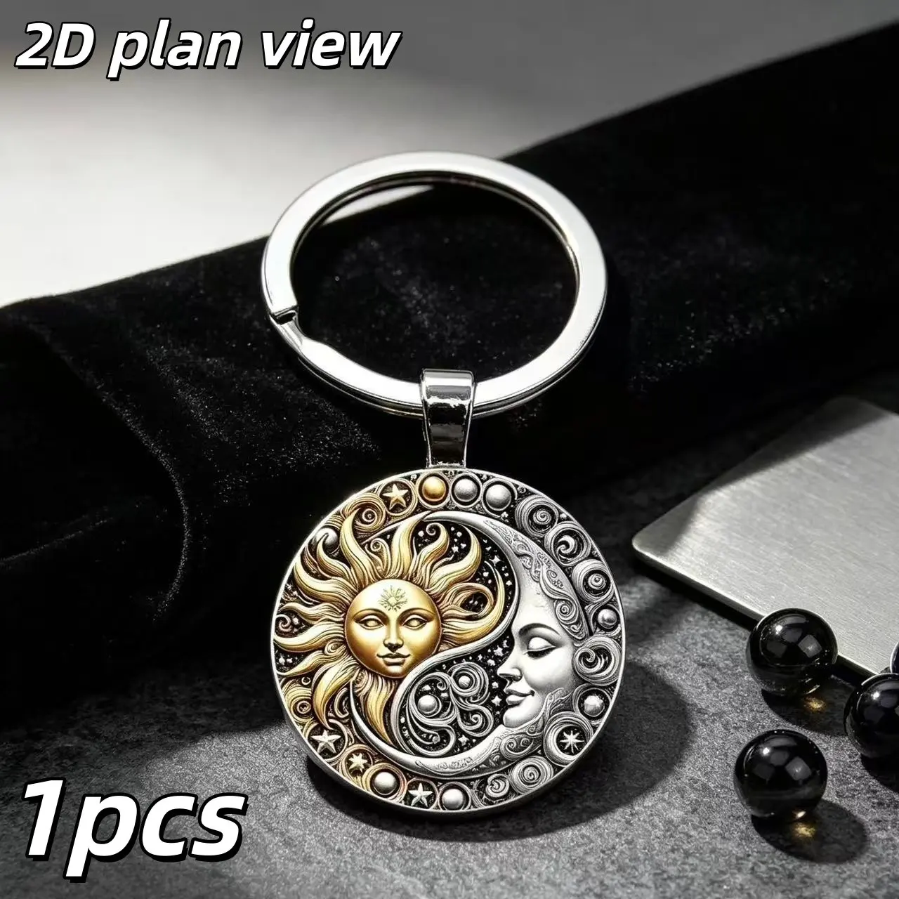 1 piece 2D retro sun and moon keychain - double-sided celestial pattern rotating design, suitable for both men and women, for vehicle decoration, sun and moon ornaments, exquisite and delicate design