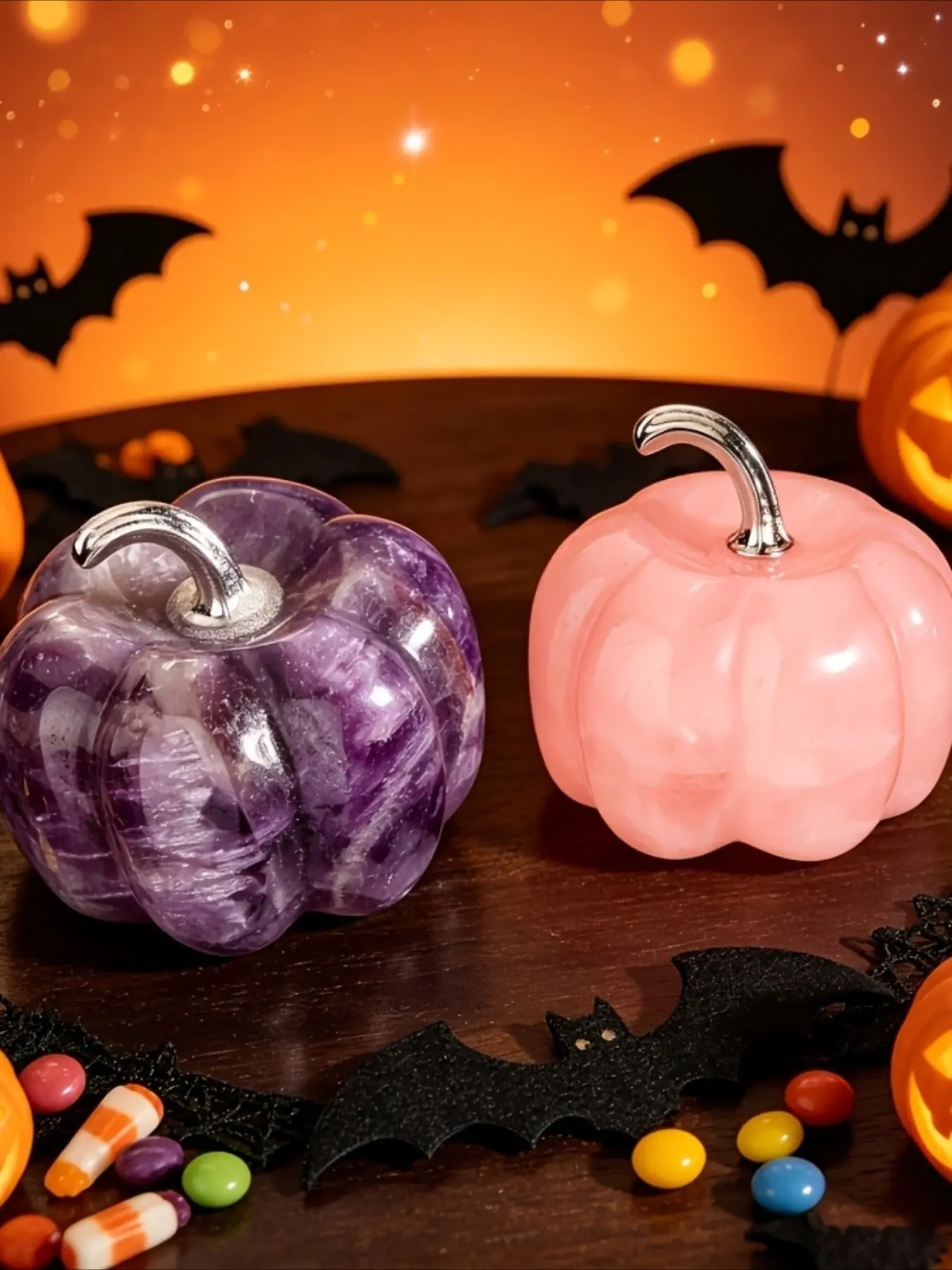2 pieces natural crystal pumpkin statue ornaments, pocket Boho Chic crystal stone guardians made of amethyst and rose quartz, small jewelry accessories, suitable for home decor, vegetable lovers and gardens, perfect gifts for birthdays and Halloween