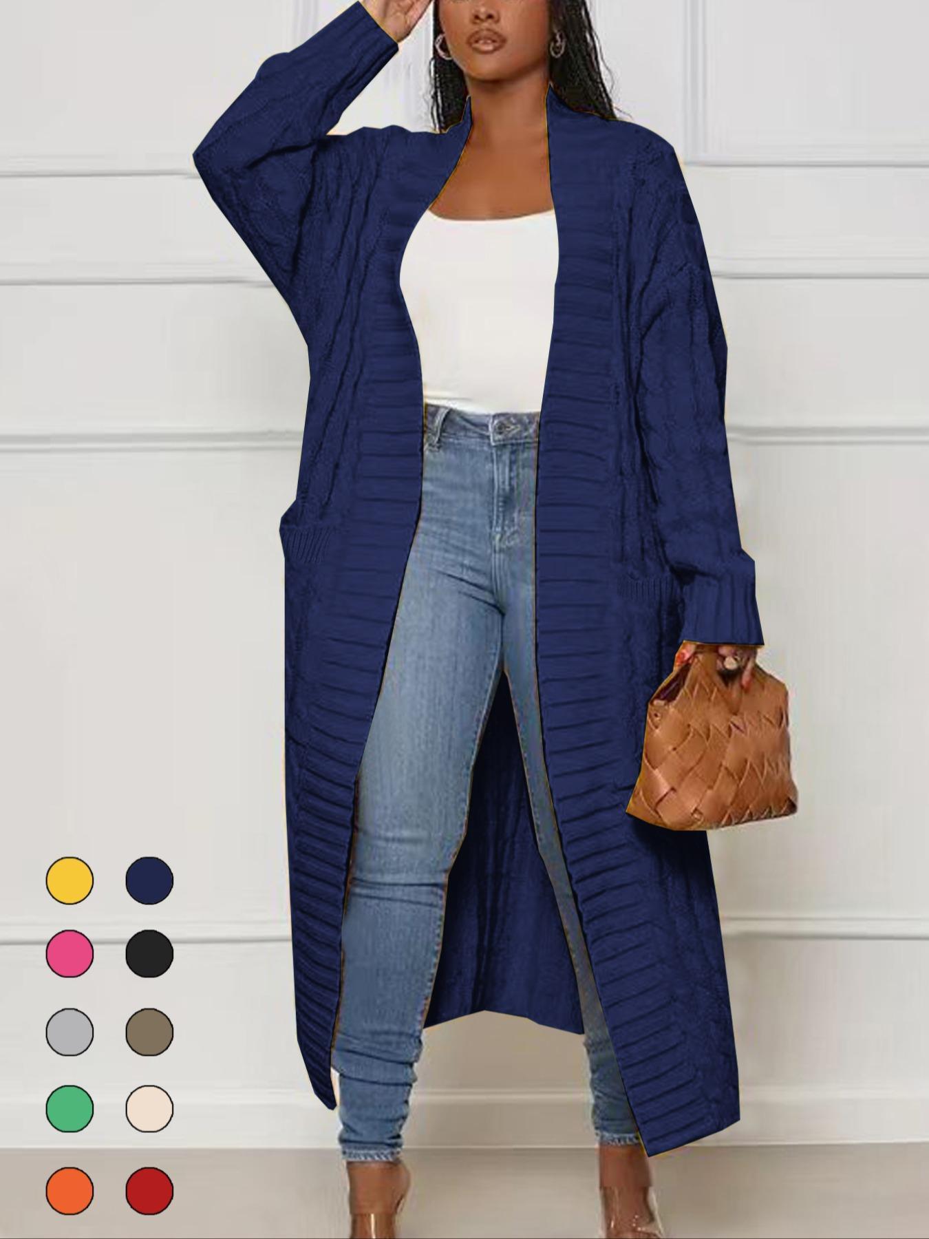 Women's Solid Color Textured Drop Shoulder Pocket Longline Cardigan, Casual Open Front Knitwear for Fall & Winter, Women's Knit Clothing for Daily Wear, Sweaters for Women