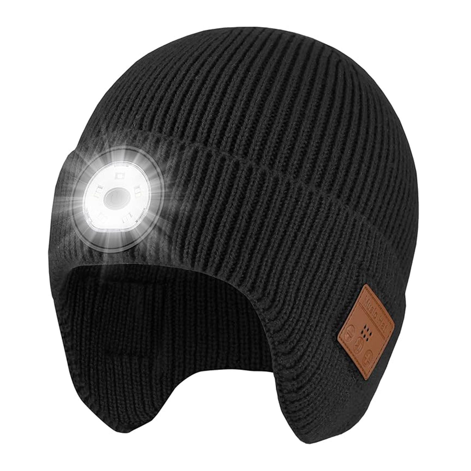 Bluetooth Beanie with Light, HD Stereo Sound, USB Rechargeable Headlamp for Hiking Fishing, LED Fashlight Hat with Cordless Headphones, Gift for Men Women Teen