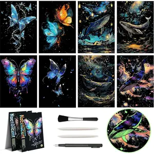 Glow in The Dark A4 Animal Theme Rainbow Scratch Art Paper, 8 Sheets Scratchboard with Pen & Cleaning Brush, Creative Fun Craft Sketch Card for Kids Teens Adults
