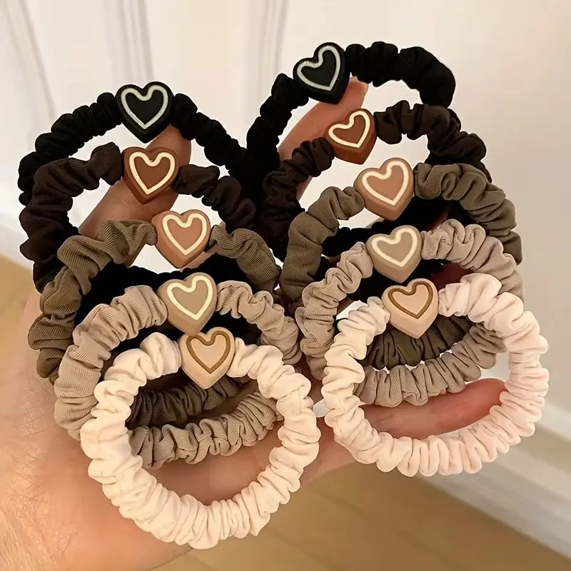 5pcs Coffee Color Heart Pendant Hairbands, Cute Bow Elastic Rubber Hair Bands for Girls, Ideal Gift for Women