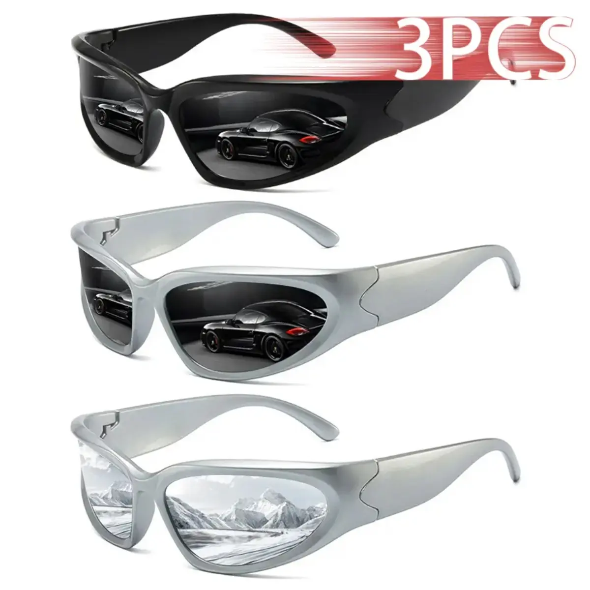 3PCS Y2K Punk Wraparound Sunglasses – Vintage Curved Frame UV400 Protection Unisex Sport Eyewear