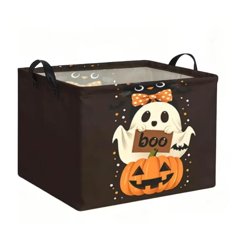 1pc, Dark Brown Halloween Ghost Pumpkin Black Cat Boo Printed Square Storage Basket, Large Capacity with Handle, Foldable Storage Box, Suitable for Home Wardrobes, Laundry Rooms, Portable Storage Baskets, Laundry Baskets, Shelf Baskets