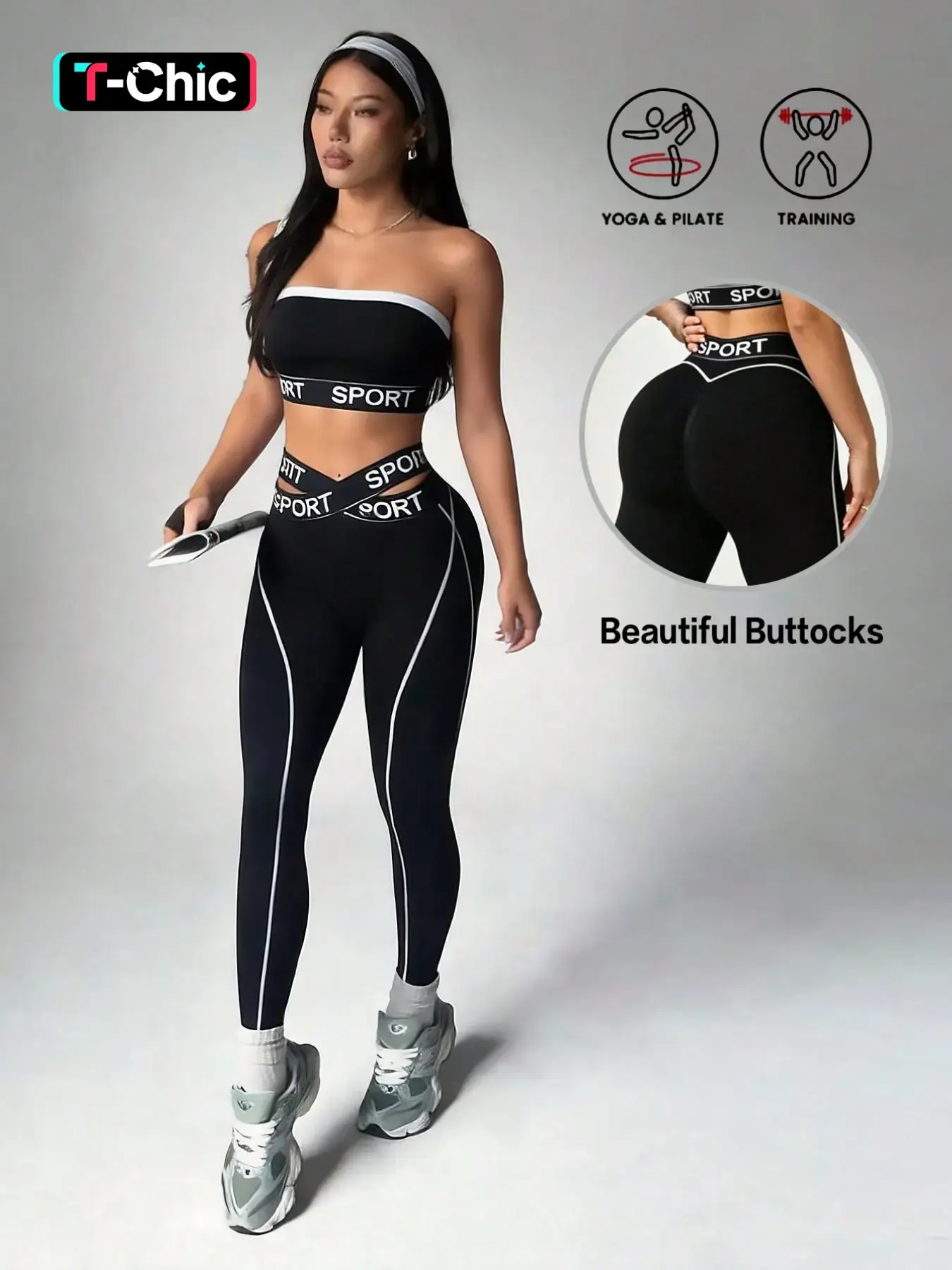 Women's Colorblock Strapless Bra and Cross-Over V Cut High-Waisted Leggings, Casual Fitness Yoga Set