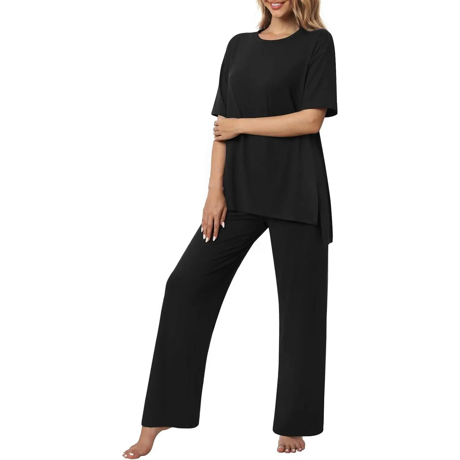 Women's 2 Piece Pajama Lounge Set Short Sleeve Top with Long Pants and Pockets Loose Loungewear Sleepwear Summer Fall Casual Maternity Postpartum Clothes