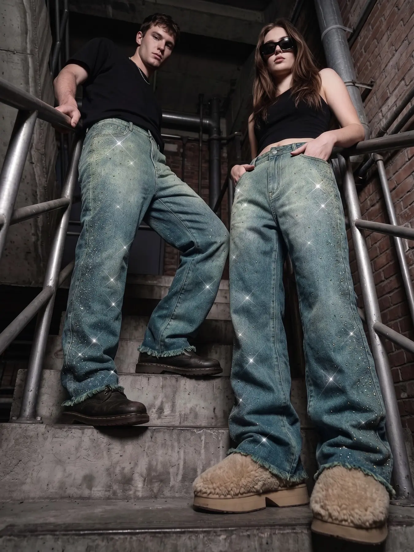 American Vintage Gradient Blue Rhinestone Denim Jeans, Sparkle Wave Frayed Micro Flare Pants, Unisex Streetwear Slim Long Pants