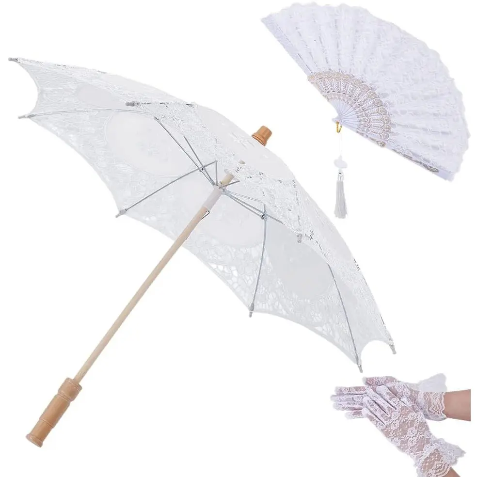 AHANDMAKER 1 Set Bridal Lace Umbrella White Lace Parasol Vintage Victorian Wedding Bridal Umbrella Gloves Fun for Wedding Tea Party Valentine's Day Photography Props Decoration