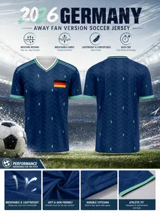 2026 Germany Away Fan Jersey, Chevron Print, Quick-Dry Mesh V-Neck, Mint Trim, German Flag, Soccer Training Wear