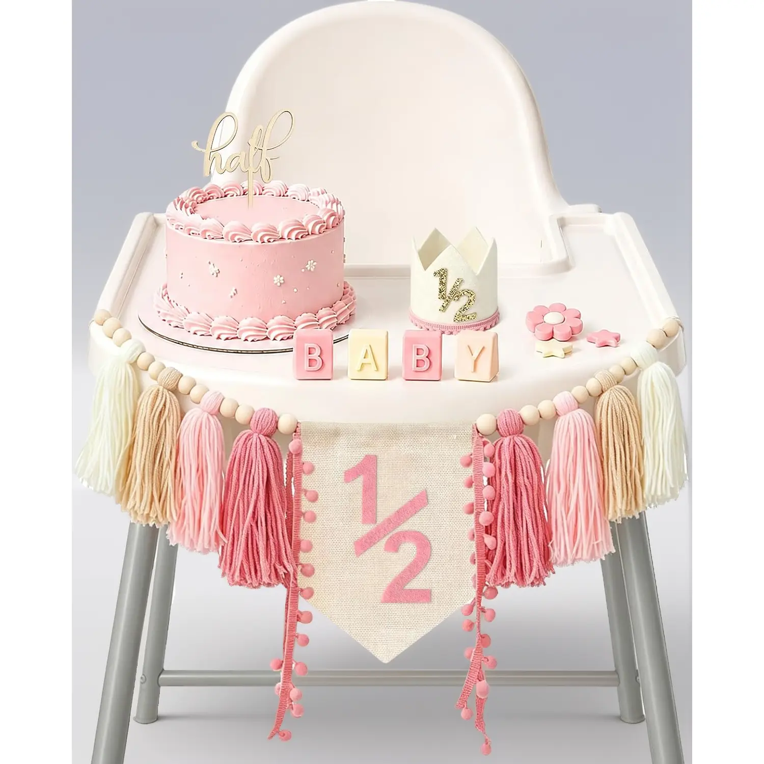 6-Month Half Birthday High Chair Banner DIY Kit - 3-Pieces Feminine Pink&White Set with Hat, Cake Candle for Baby Girl Happy Birthday, Baby Shower Photoshoot Props, Party