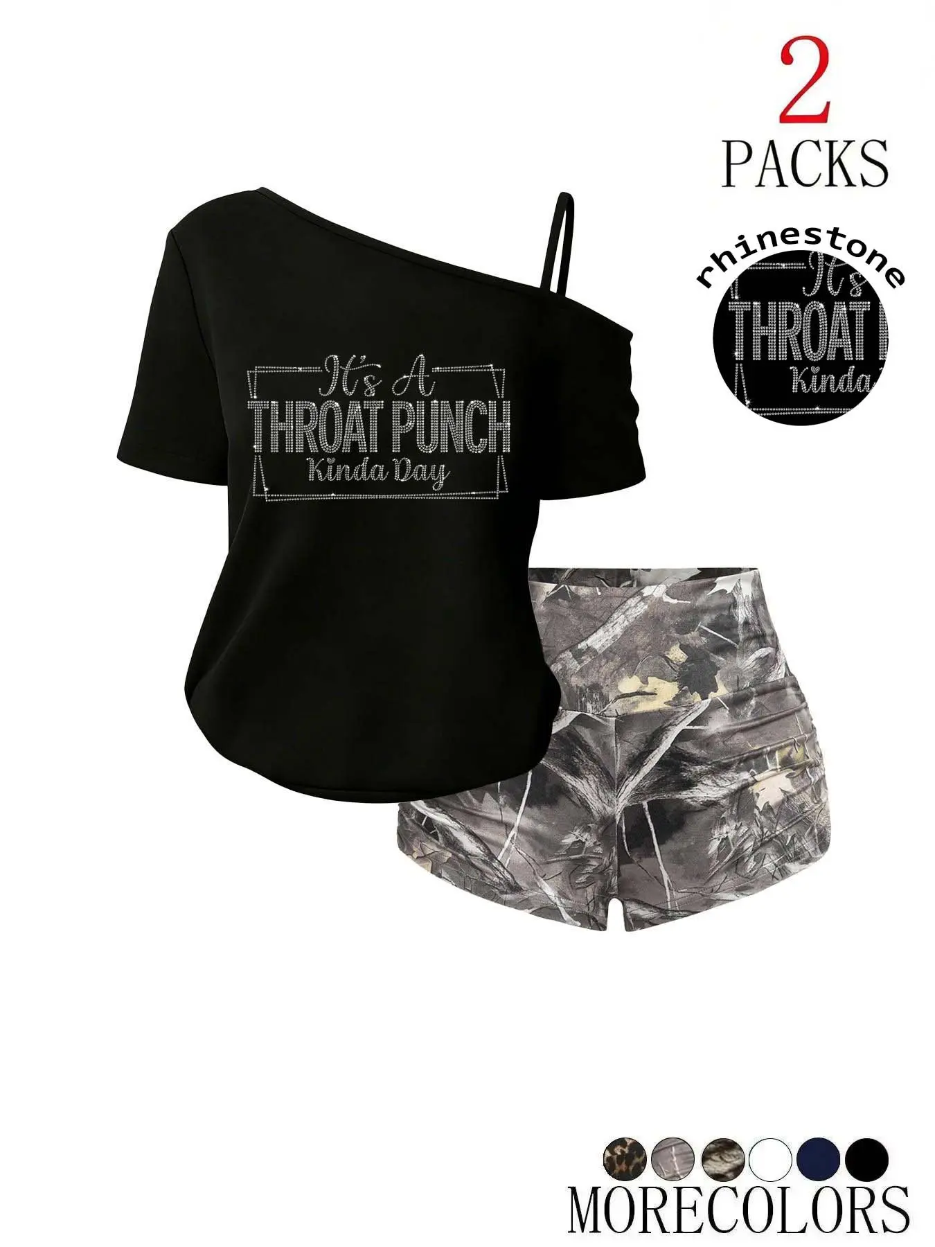 Women Casual Street Style, Rhinestone Letter off Shoulder Top, Camo Print Ruched Shorts, Two Piece Set, Loose-Fit, Regular Length