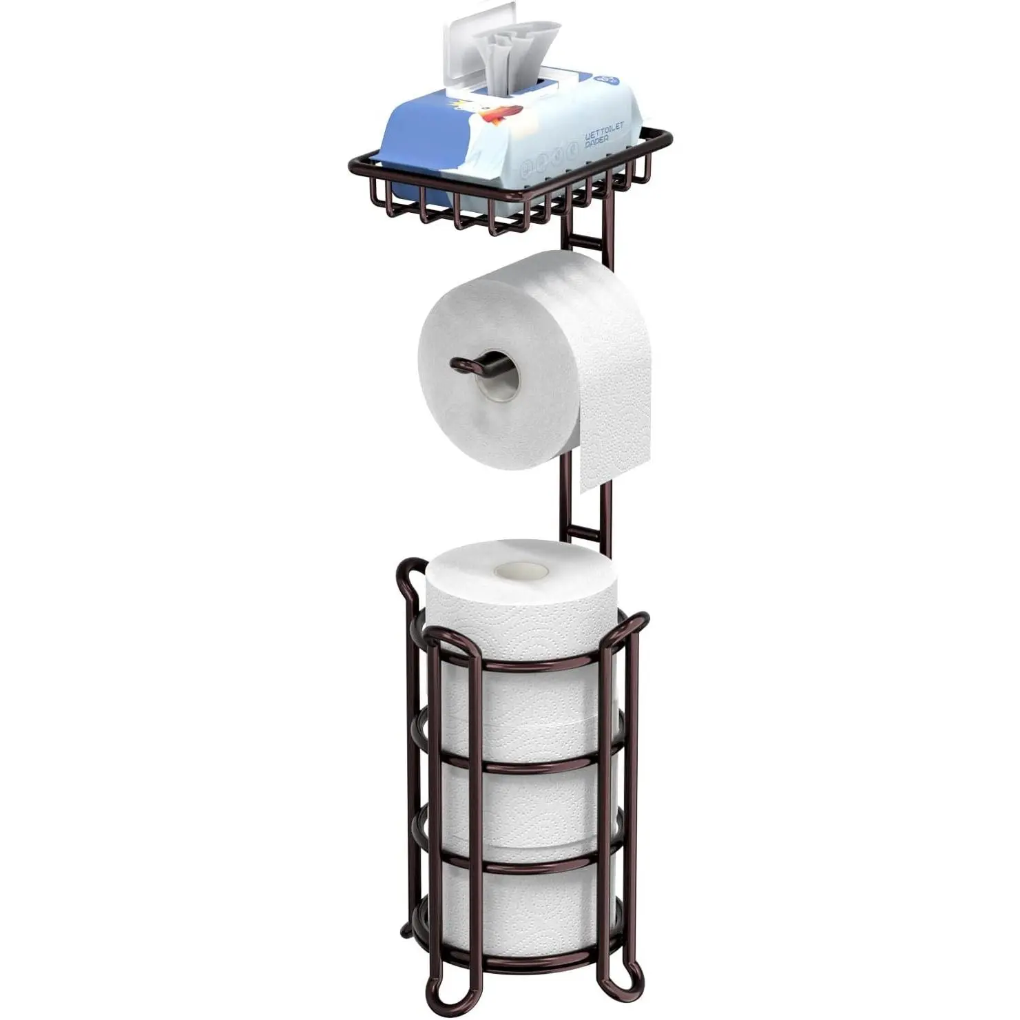 Bronze Toilet Paper Holder Stand with Shelf, Tissue Roll Dispenser for Bathroom Storage, Holds Reserve Mega Rolls